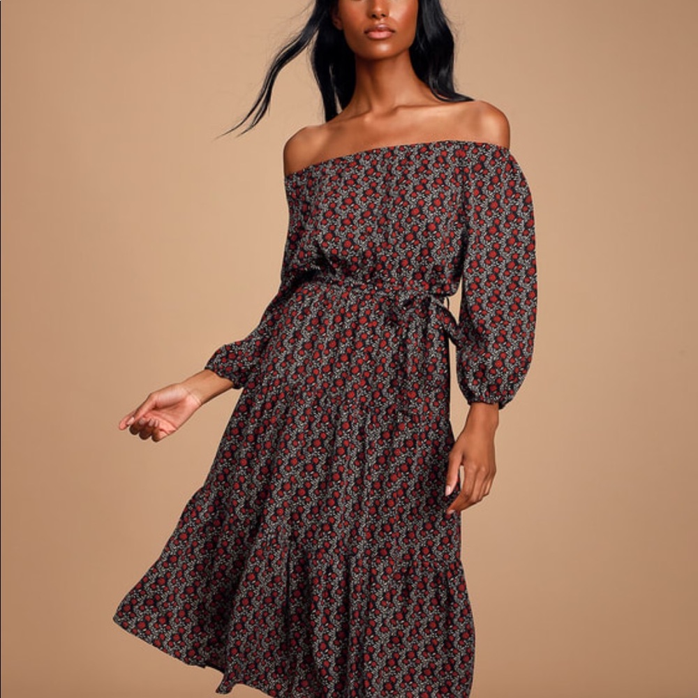 Black and red off the shoulder floral midi dress